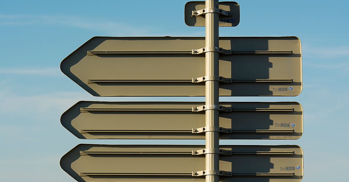 Back view of multiple blank directional signs against a blue sky.