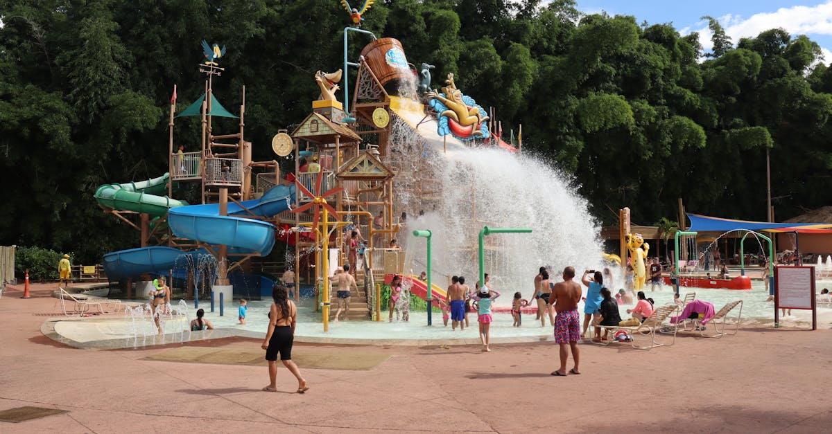 Families and children enjoy fun activities at a water park in Rio Quente, Brazil.