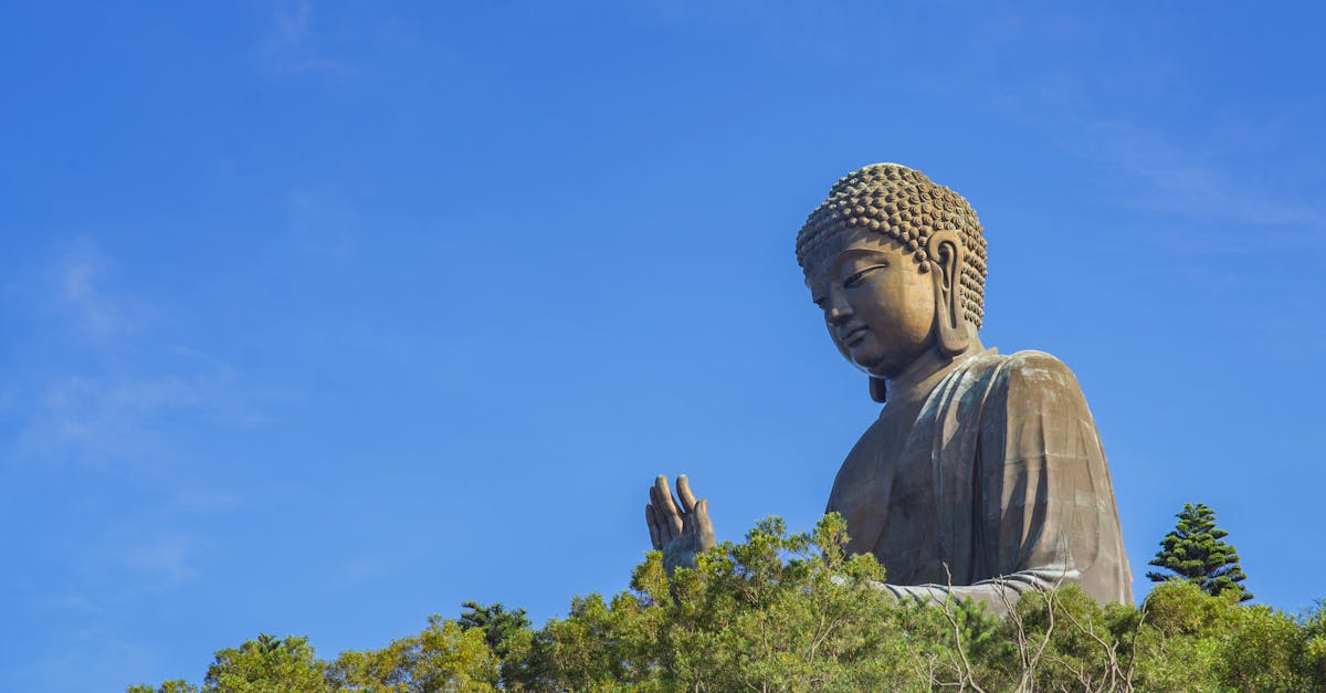 Tian Tan Buddha statue rises majestically above greenery under a clear blue sky in Hong Kong.