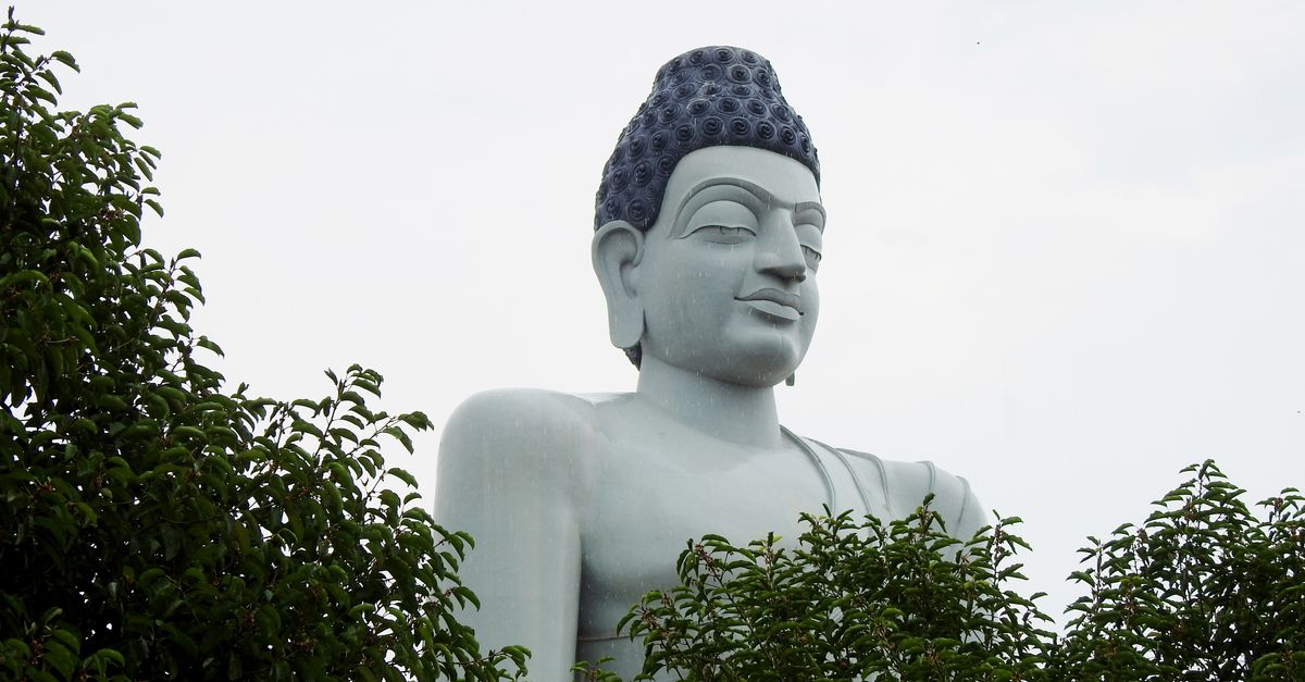 Large Buddha statue surrounded by lush greenery and a bird in the sky.