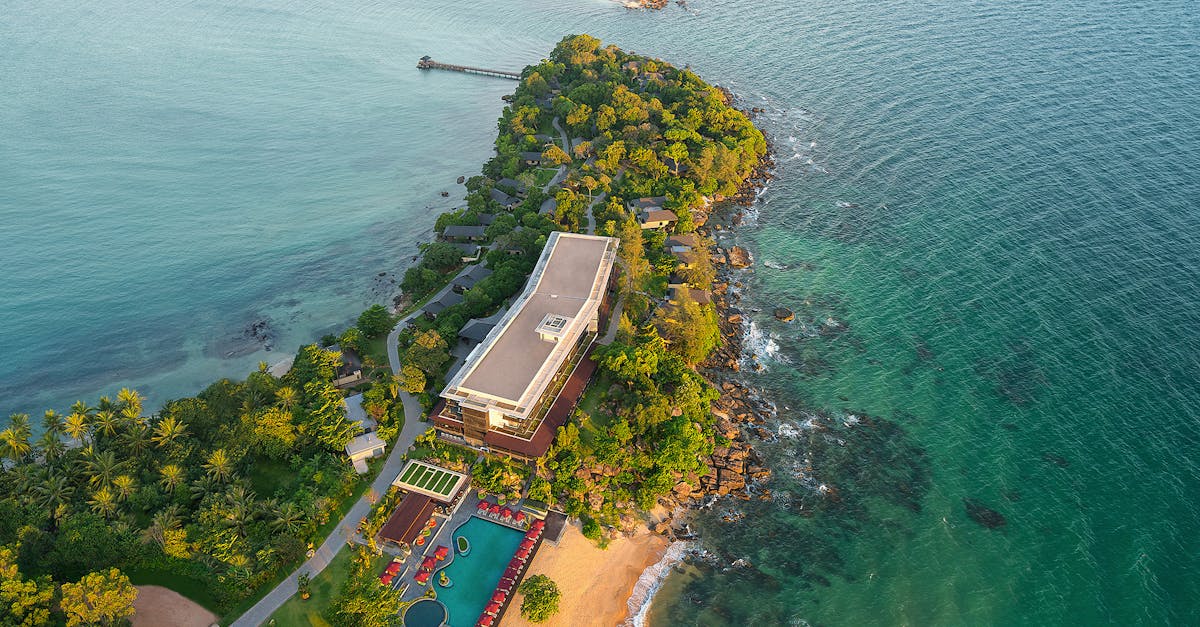 Breathtaking aerial shot of a tropical island with resort and ocean view in Vietnam.