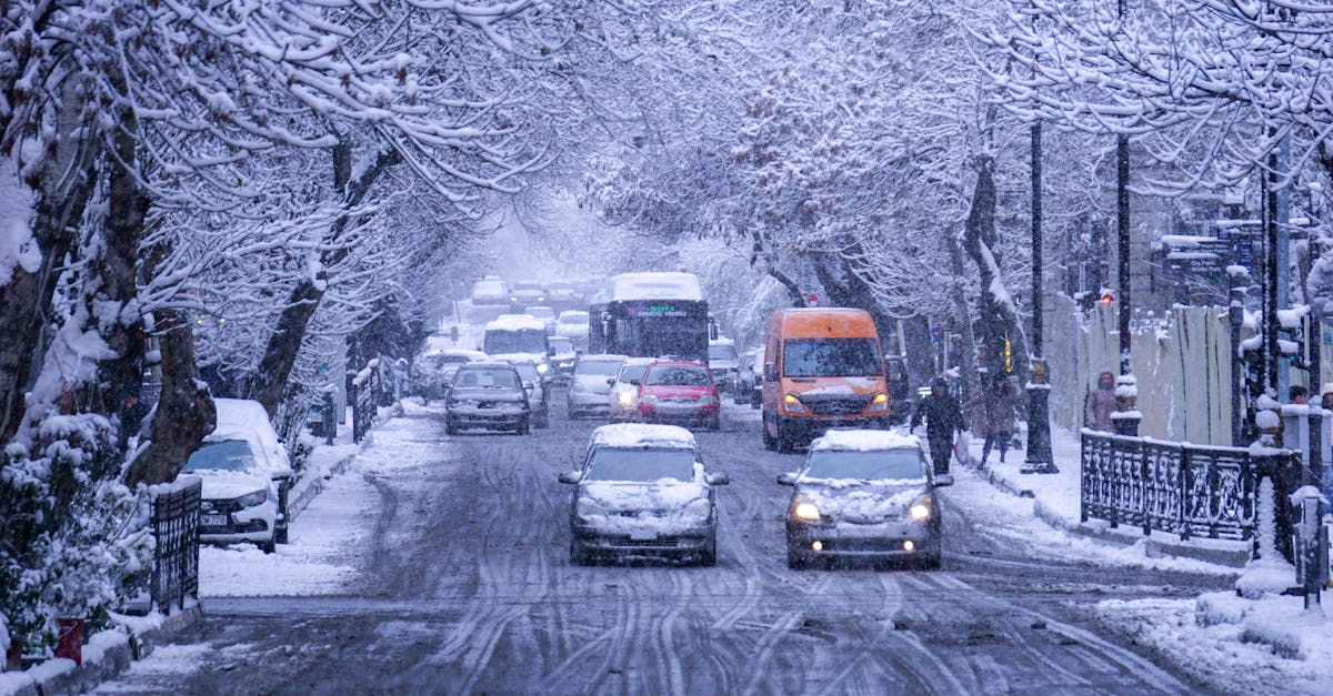 Heavy traffic on a snow-covered urban street lined with bare winter trees.