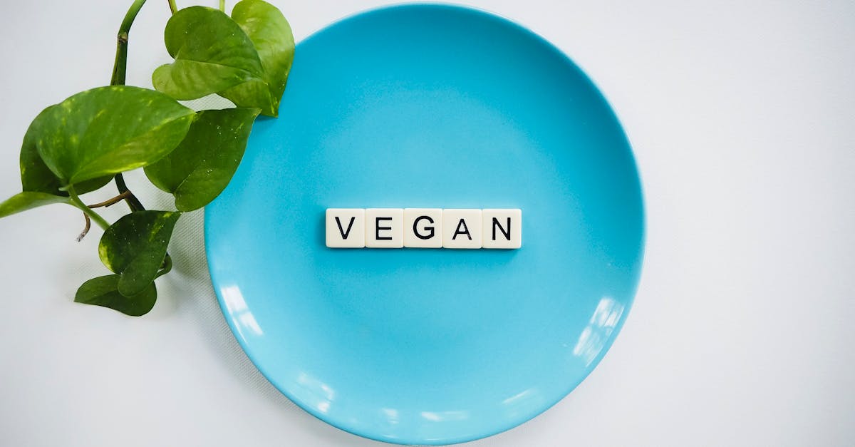 A blue plate with the word 'VEGAN' and a leafy plant, symbolizing a plant-based diet.