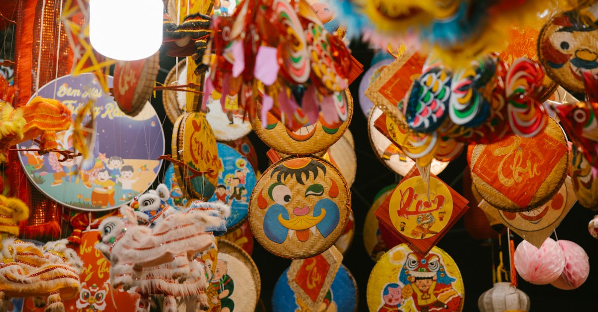 Vibrant lanterns and decorations for Vietnamese Mid-Autumn Festival celebration at night.