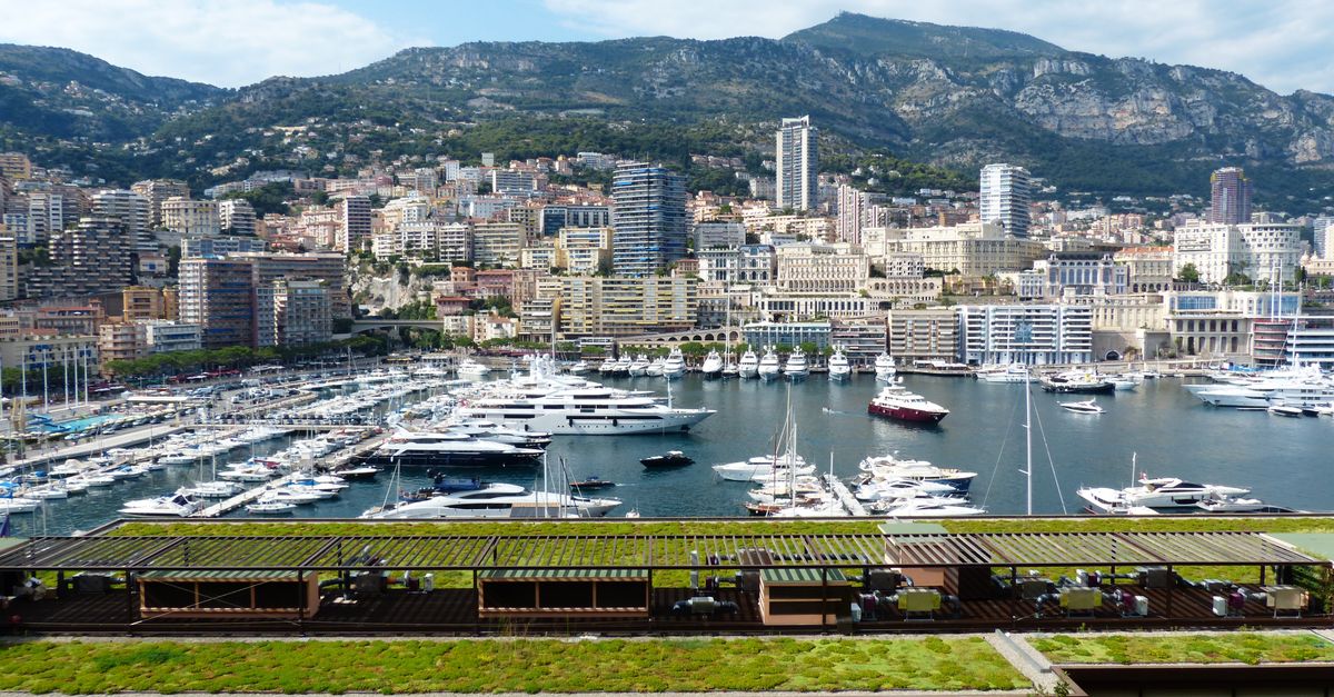 Scenic view of Monaco's harbor with luxury yachts and city skyline under a clear sky.