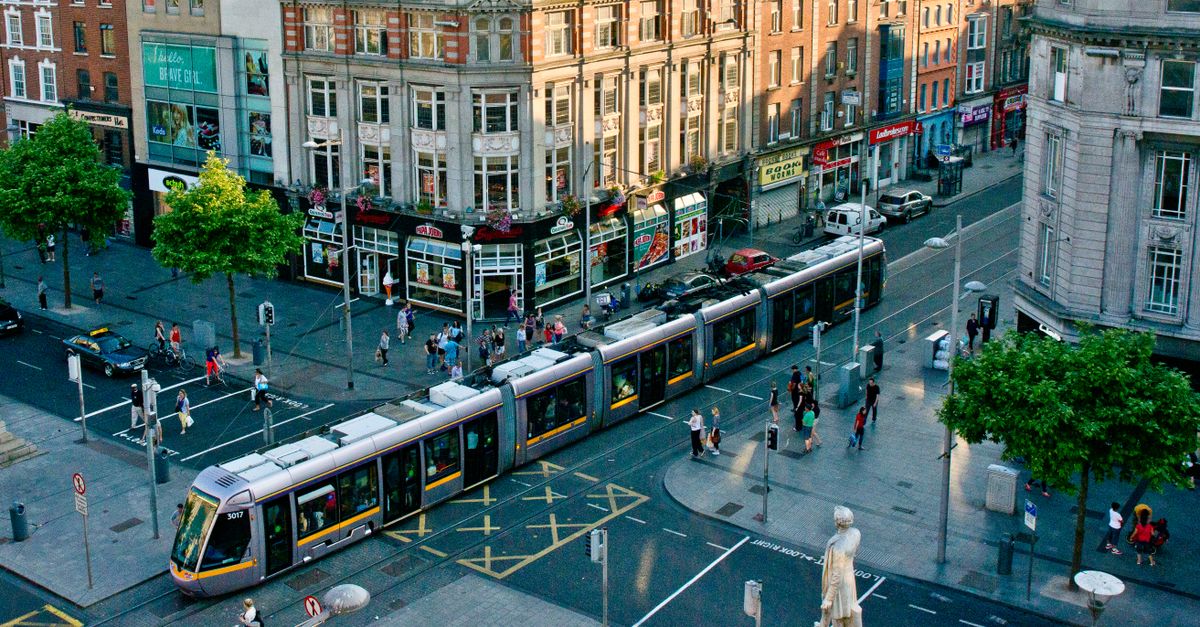 Vibrant scene of Dublin city center showcasing tram and bustling streets from above.