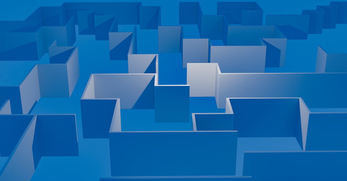 Explore an abstract blue maze filled with geometric shapes and 3D structures.