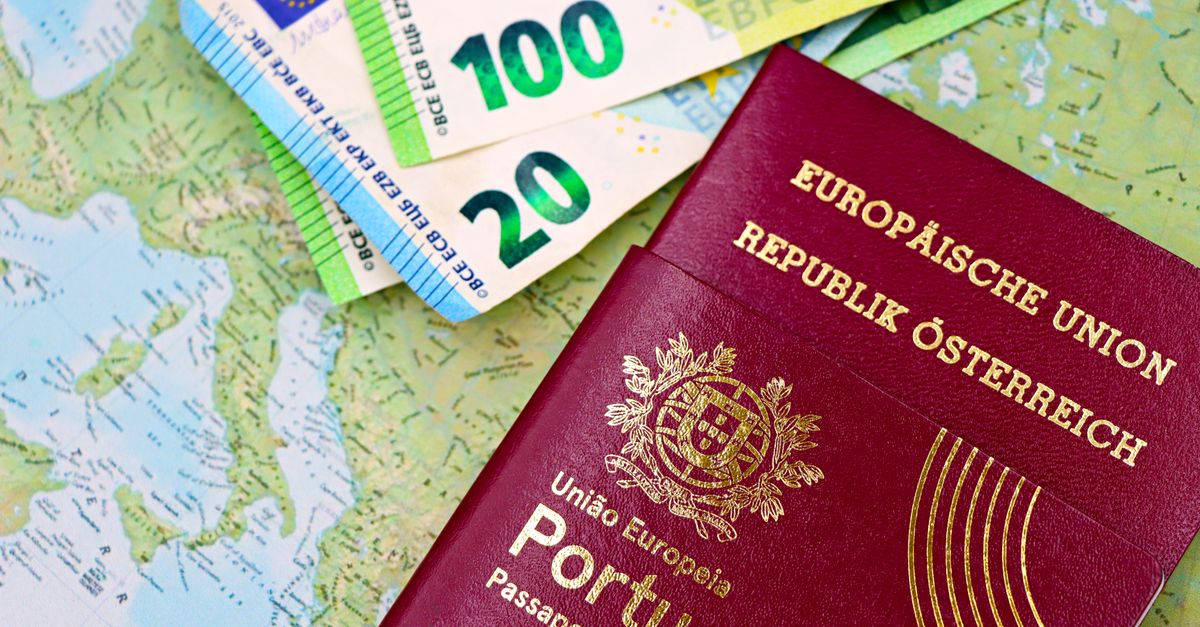 Portugal and Austria passports displayed with Euro currency notes on European map background.