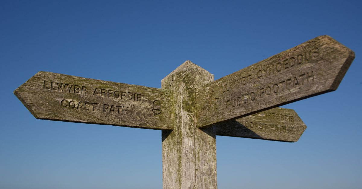 A rustic wooden signpost on the Welsh Coastal Path under a clear blue sky.