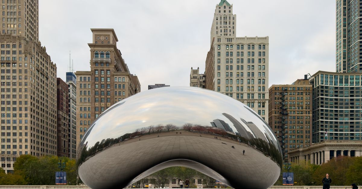 View of the famous Cloud Gate sculpture in Chicago's Millennium Park.