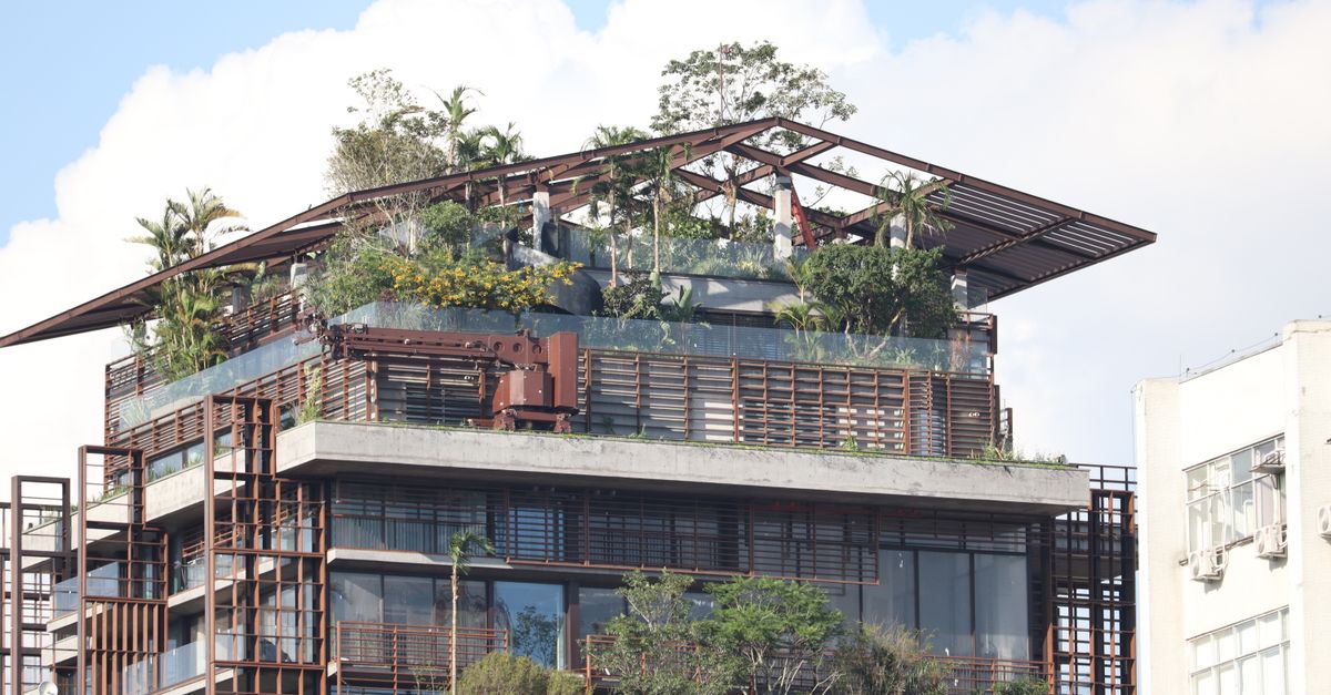 Contemporary building featuring lush rooftop garden and wood-metal architecture.