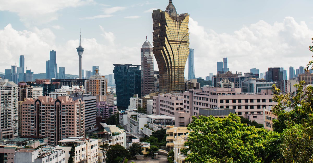 A stunning view of Macao's skyline featuring the Grand Lisboa hotel and casino.