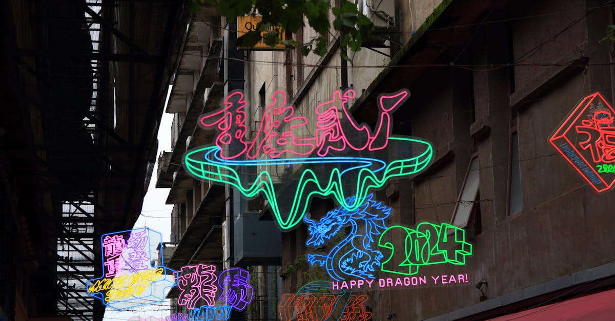 Colorful neon signs celebrating Happy Dragon Year 2024 in a Chongqing alleyway.