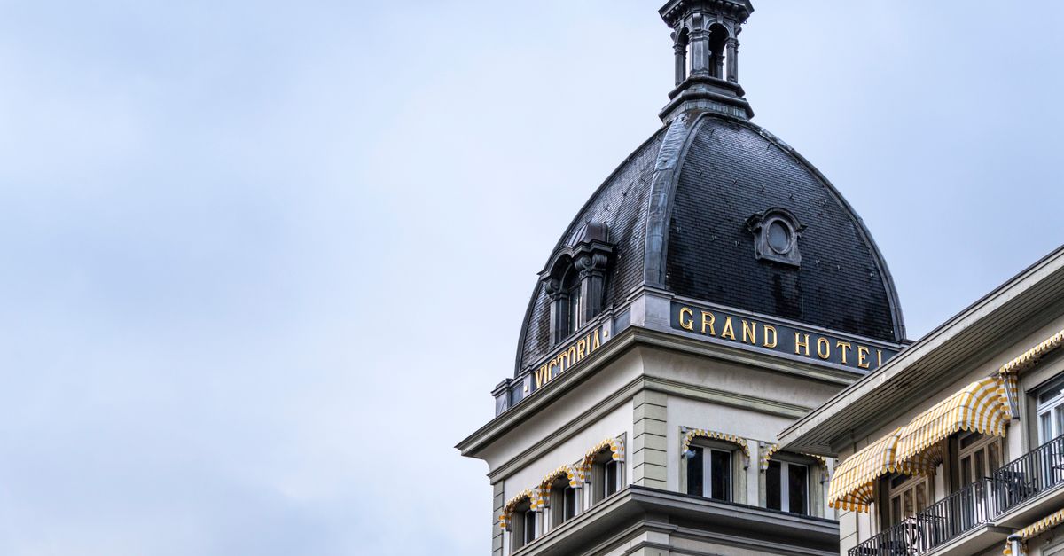 Elegant architectural details of the Victoria Jungfrau Grand Hotel in Interlaken, Switzerland.