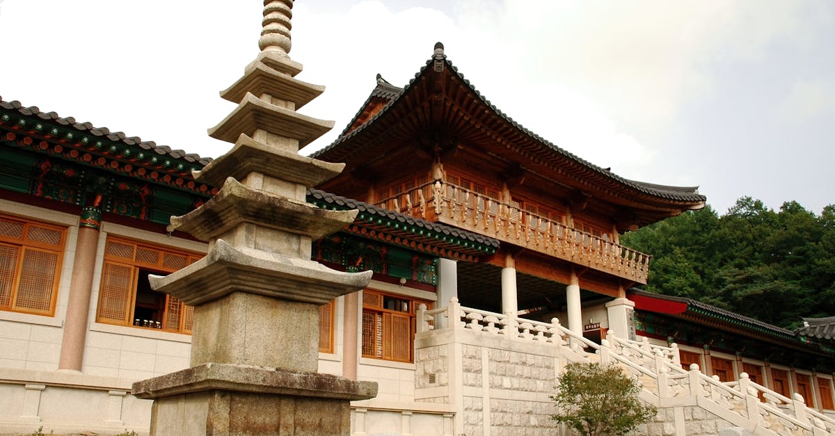 Serene view of a traditional Korean temple with a stone pagoda in Hapcheon, South Korea.
