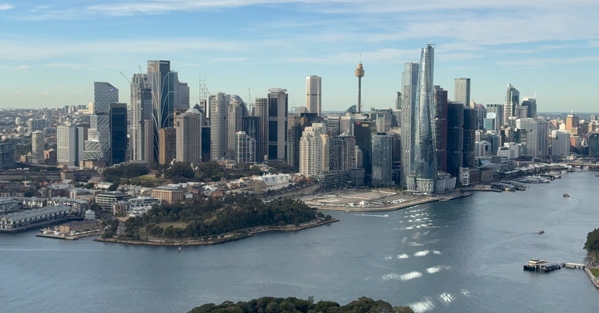 Aerial view of Sydney's skyscrapers and iconic landmarks including the harbor.