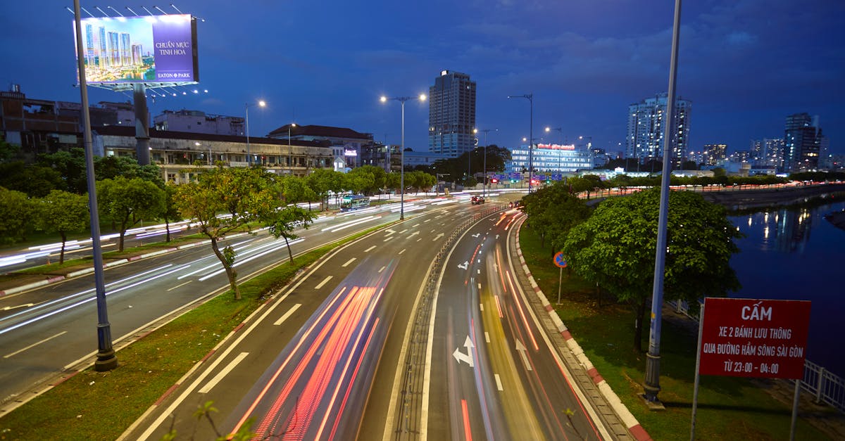 Long exposure of night traffic flows through the streets of Ho Chi Minh City, Vietnam.
