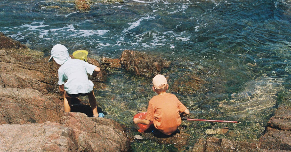 Two children playing and exploring tide pools on a rocky seashore during daytime.