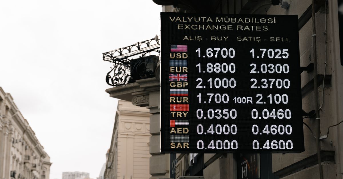Currency exchange rates sign on a street in Baku, Azerbaijan.