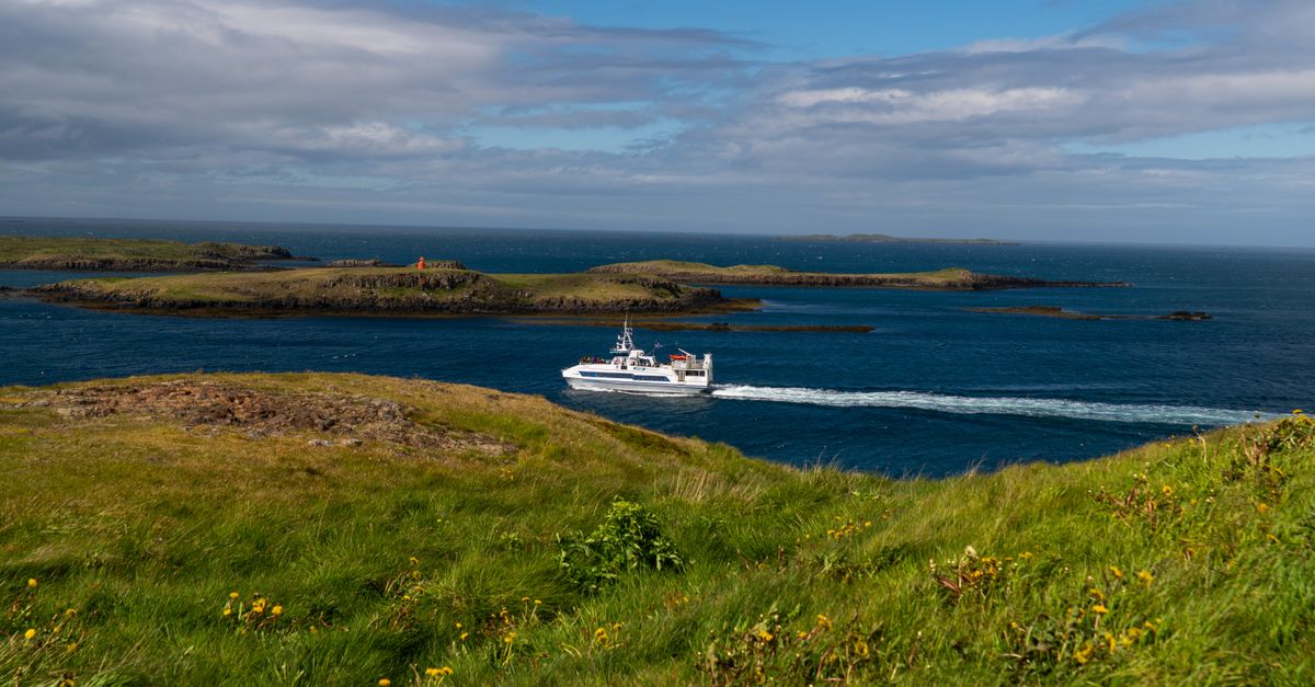 A ferry passes through picturesque coastal islands under a bright blue sky, surrounded by emerald green grass.