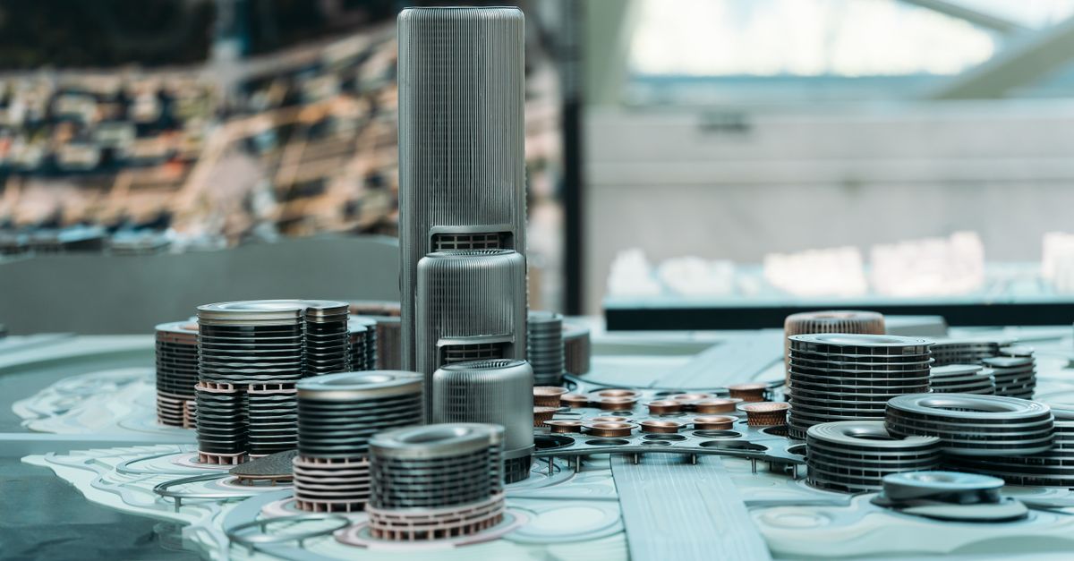 Explore a detailed futuristic city model with towering skyscrapers and modern urban design.
