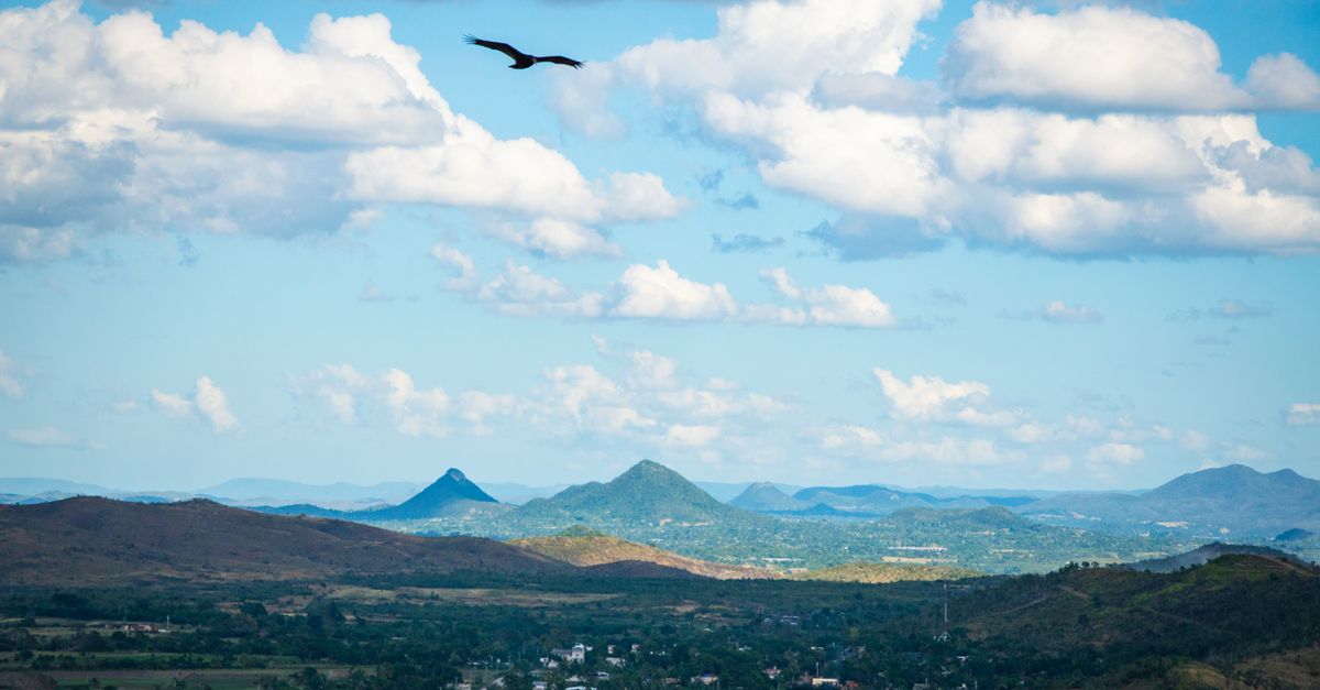 A breathtaking view of a vast landscape with a bird soaring under dynamic cloud formations and a blue sky.