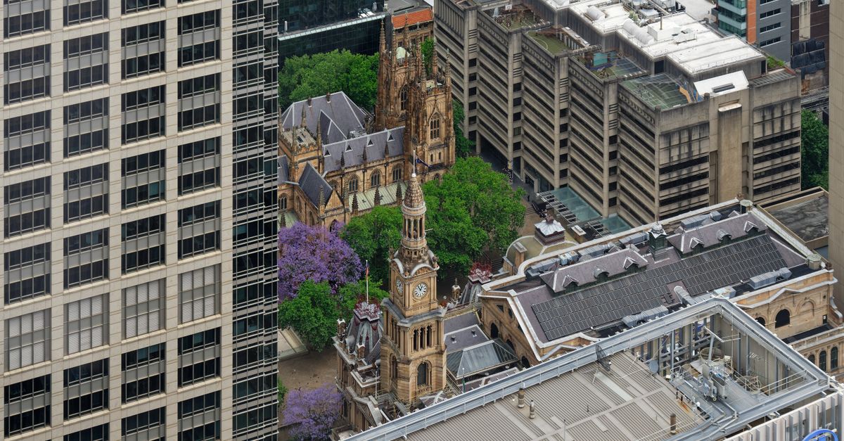 Aerial view capturing the historic architecture and urban landscape of Sydney, Australia.