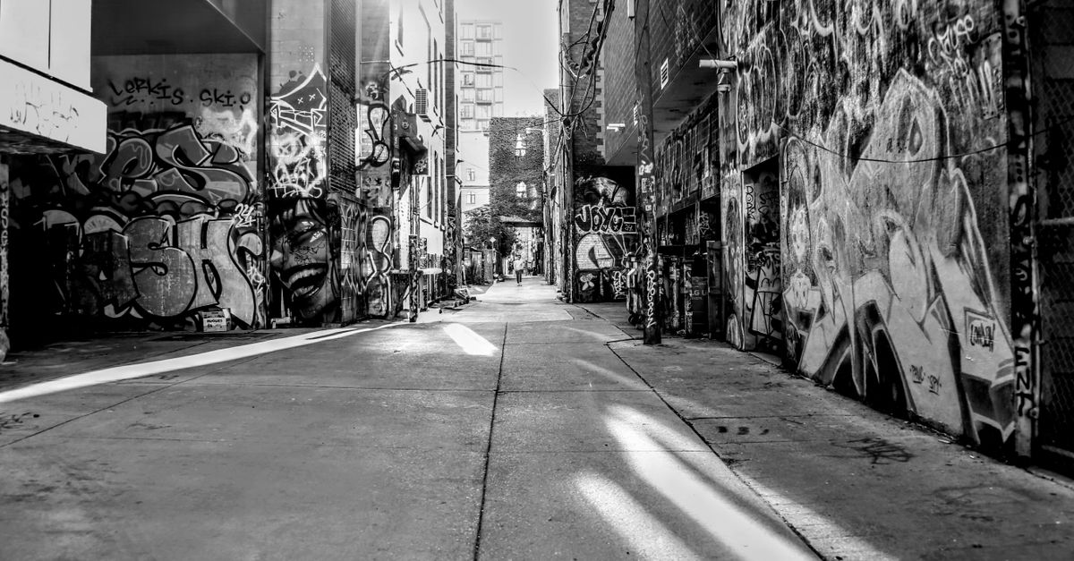 A monochrome view of a graffiti-covered alley in Toronto, Canada.
