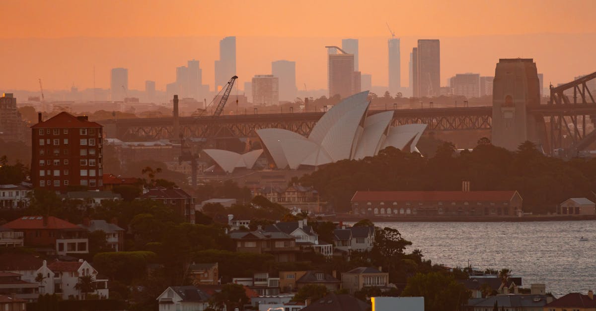 A beautiful view of Sydney Opera House and skyline at sunset, showing the architectural marvel and urban environment.