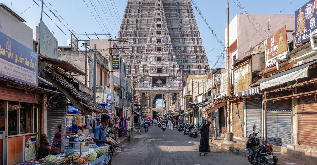 Bustling street leading to a historic temple in Tamil Nadu, India, with vendors and local life.
