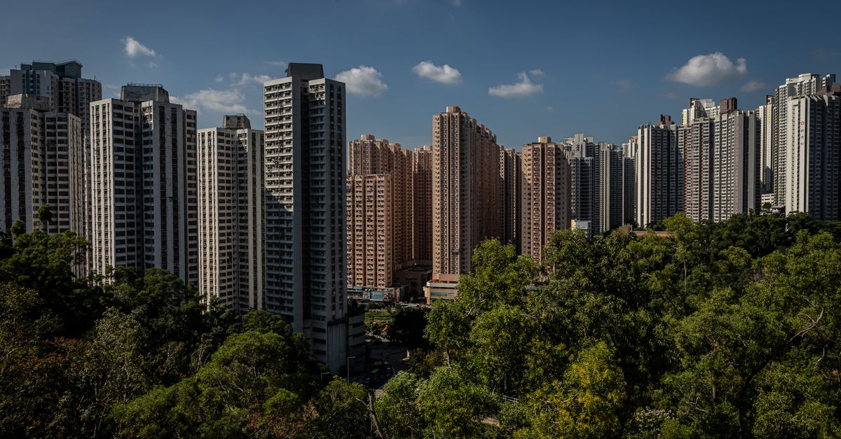 Captivating view of Hong Kong's towering skyscrapers above lush green foliage under a clear blue sky.