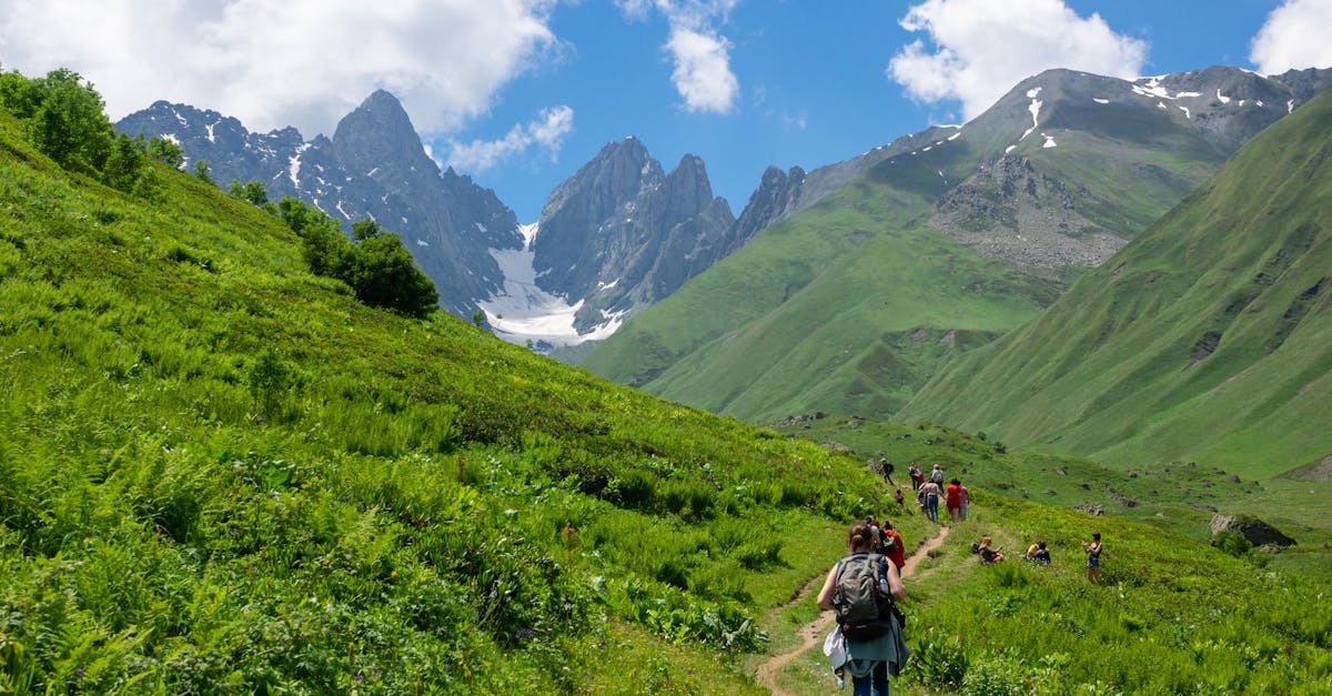 Hikers exploring a picturesque mountain trail in Mtskheta-Mtianeti, Georgia.