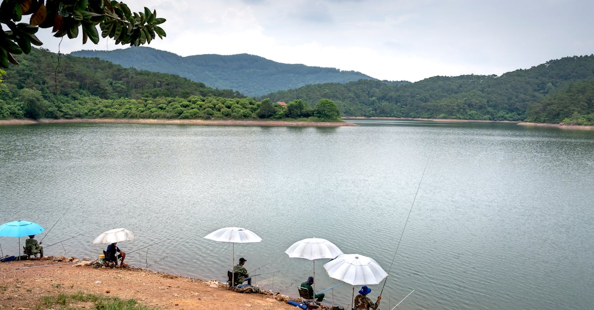 Five fishermen with umbrellas sit along a serene lake with mountain views.
