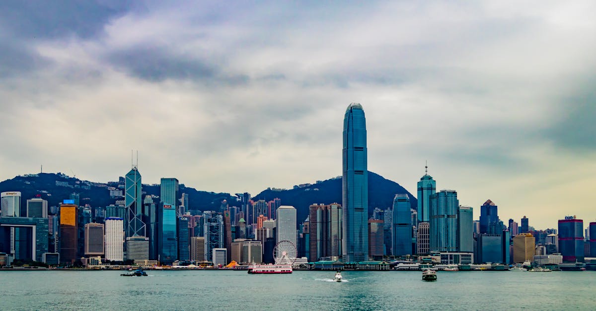 Stunning view of Hong Kong's skyline from Kowloon at sunset, featuring modern skyscrapers.